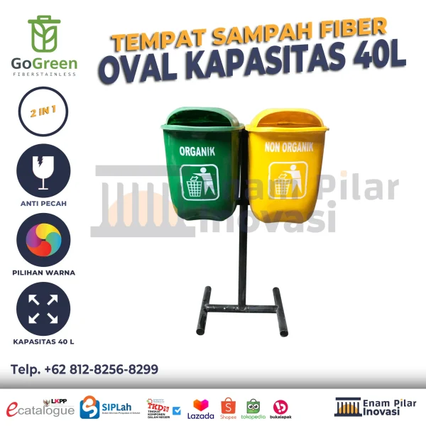 Tempat sampah 2 warna fiberglass oval dengan dua lubang terpisah untuk organik dan anorganik,Tempat sampah dual compartment dengan tiang geser anti karat kapasitas 80 liter,tempat sampah fiberglass 2 in 1, tempat sampah pilah 2 in 1, tong sampah fiberglass bulat, tempat sampah outdoor fiberglass, tempat sampah 2 in 1 kapasitas 50 liter, tempat sampah fiber bulat, harga tempat sampah fiberglass 2 in 1, tempat sampah organik dan non organik, tempat sampah organik dan anorganik, tempat sampah medis dan non medis