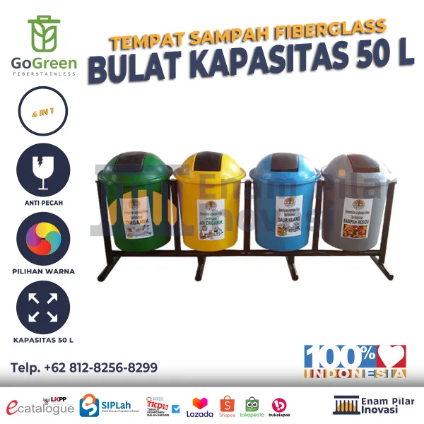 Tempat Sampah Fiberglass 4 in 1 bulat kapasitas 50 liter dengan warna hijau, kuning, biru, dan abu-abu dilengkapi rangka besi, cocok untuk penggunaan outdoor instansi dan kantor.
