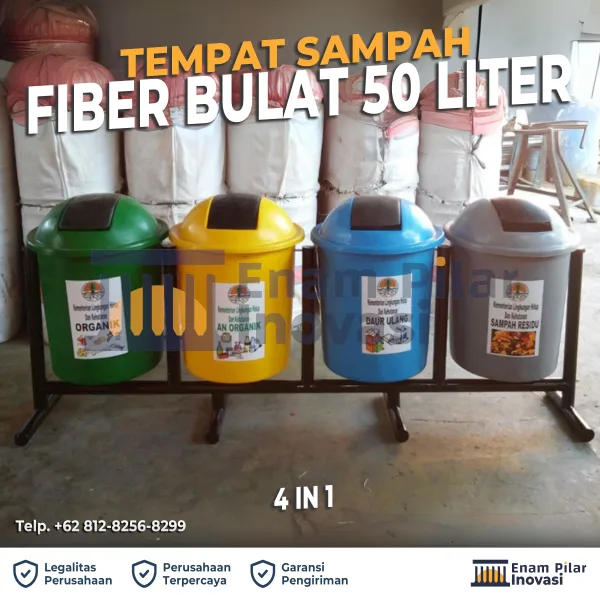 Tempat Sampah Fiberglass 4 in 1 bulat kapasitas 50 liter dengan warna hijau, kuning, biru, dan abu-abu dilengkapi rangka besi, cocok untuk penggunaan outdoor instansi dan kantor.