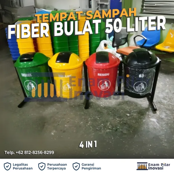 Tempat Sampah Fiberglass 4 in 1 bulat kapasitas 50 liter dengan warna hijau, kuning, biru, dan abu-abu dilengkapi rangka besi, cocok untuk penggunaan outdoor instansi dan kantor.