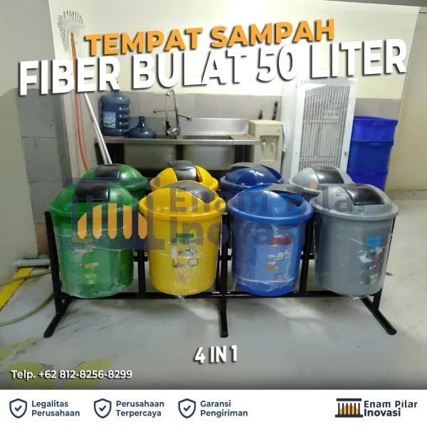 Tempat Sampah Fiberglass 4 in 1 bulat kapasitas 50 liter dengan warna hijau, kuning, biru, dan abu-abu dilengkapi rangka besi, cocok untuk penggunaan outdoor instansi dan kantor.